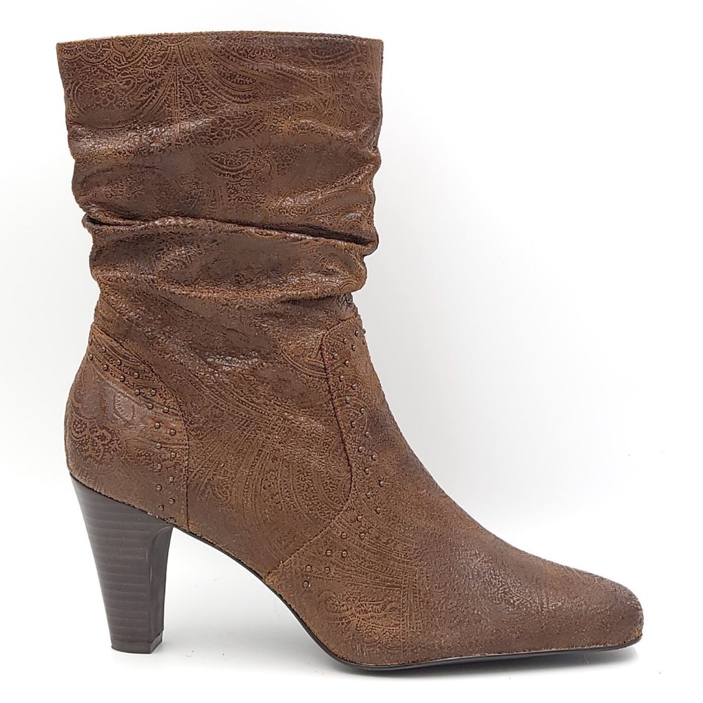 Coldwater Creek Brown Slouchy Paisley Stacked Heel Leather Boot Size 9